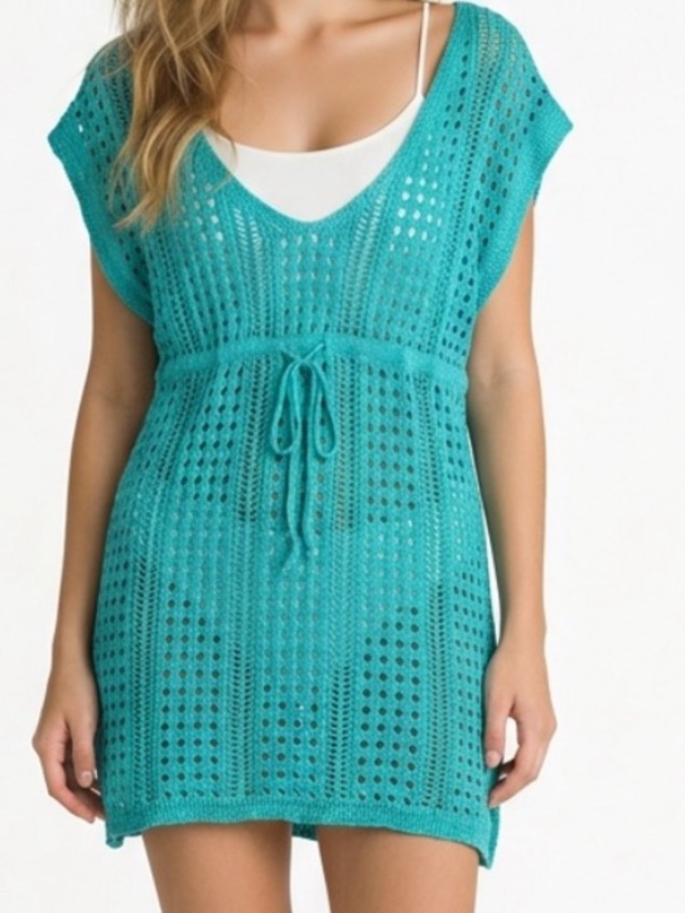 Tropical Escape Turquoise Crochet Swim Cover-Up Tunic